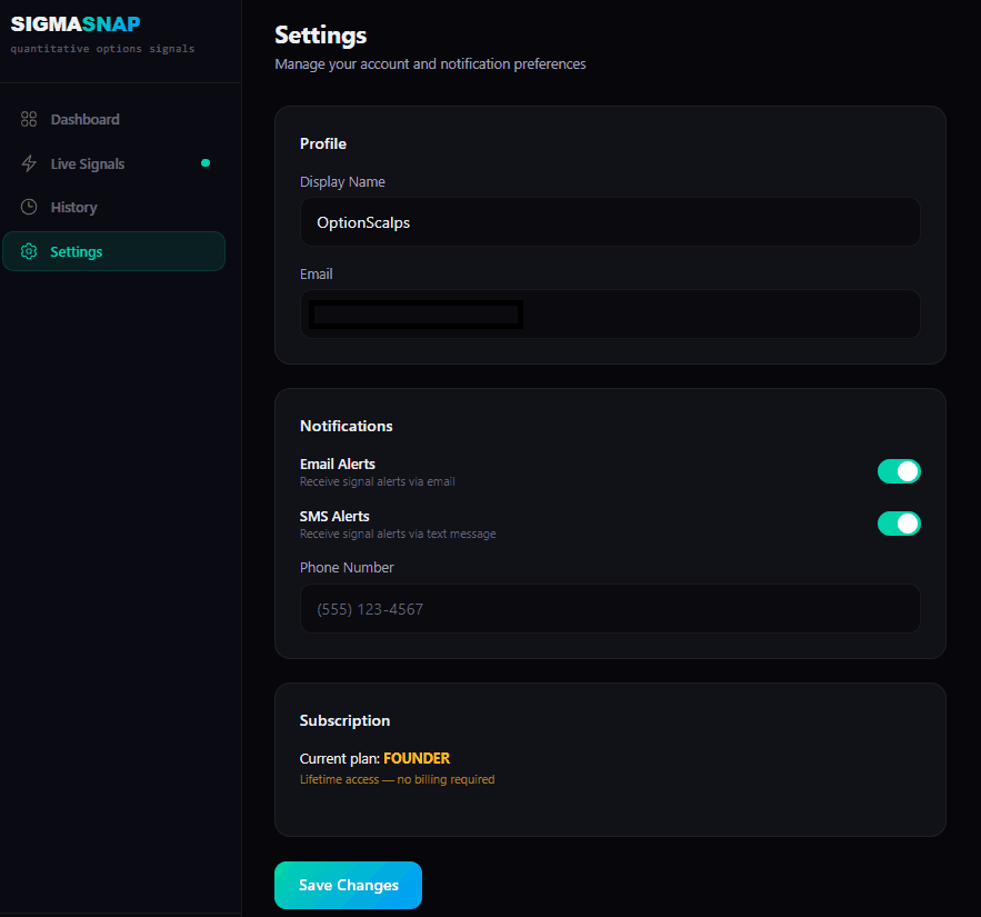 SigmaSnap SMS opt-in toggle in dashboard settings showing phone number field and SMS Alerts toggle switch set to OFF by default
